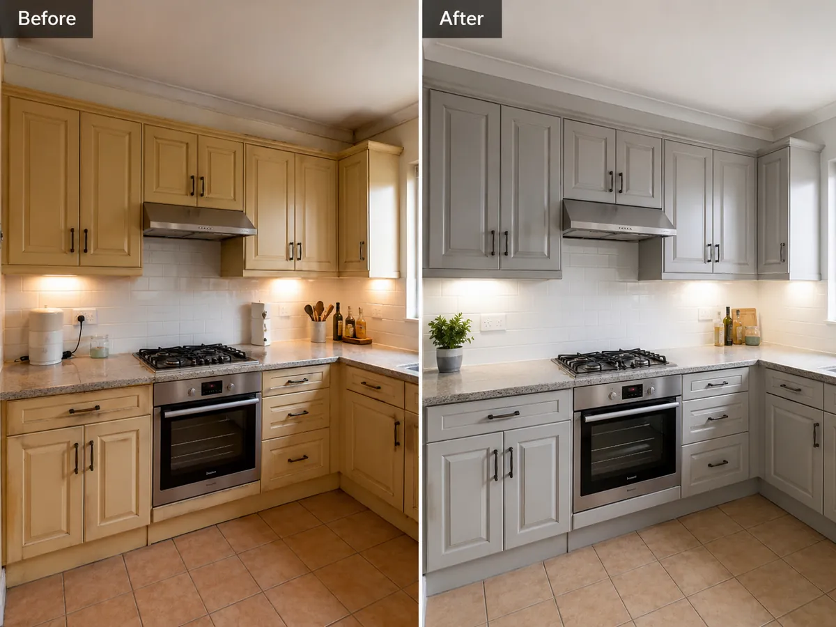 Completed before and after kitchen cabinet painting project in the Ballyclare area